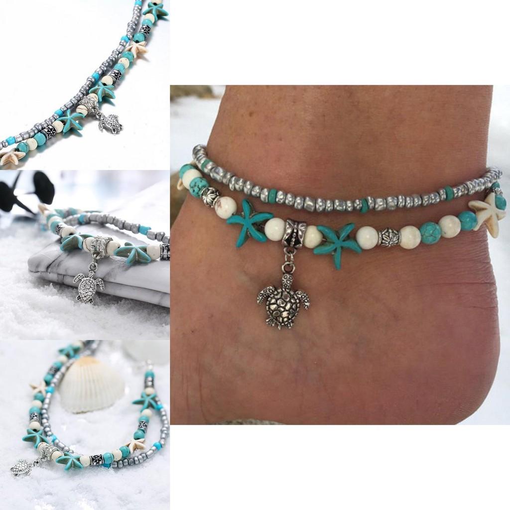 Vintage Blue Starfish Shell Anklet Beach Turtle Anklet Vacation Rice Bead Anklet