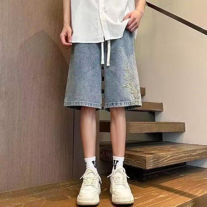 Men's Summer Chinese Style Embroidered Denim Shorts - Lightweight, Loose, Versatile, Mid-Length.