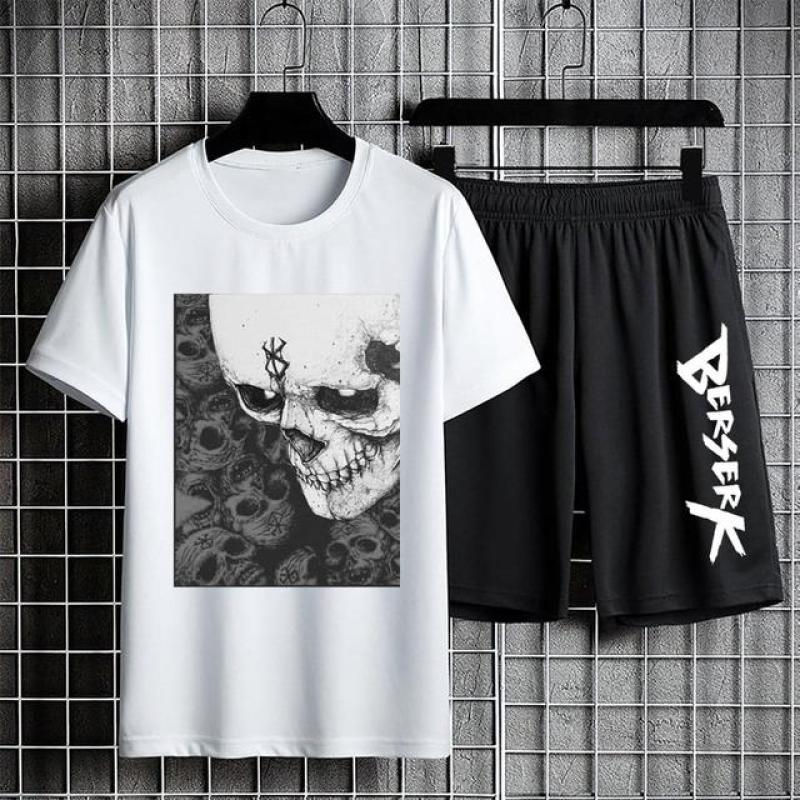 

Аніме Berserk Костюми-двійки Чорний спортивний костюм Повсякденний комплект 100% бавовна Сорочка з короткими рукавами Літні шорти на шнурках П’яті штани S