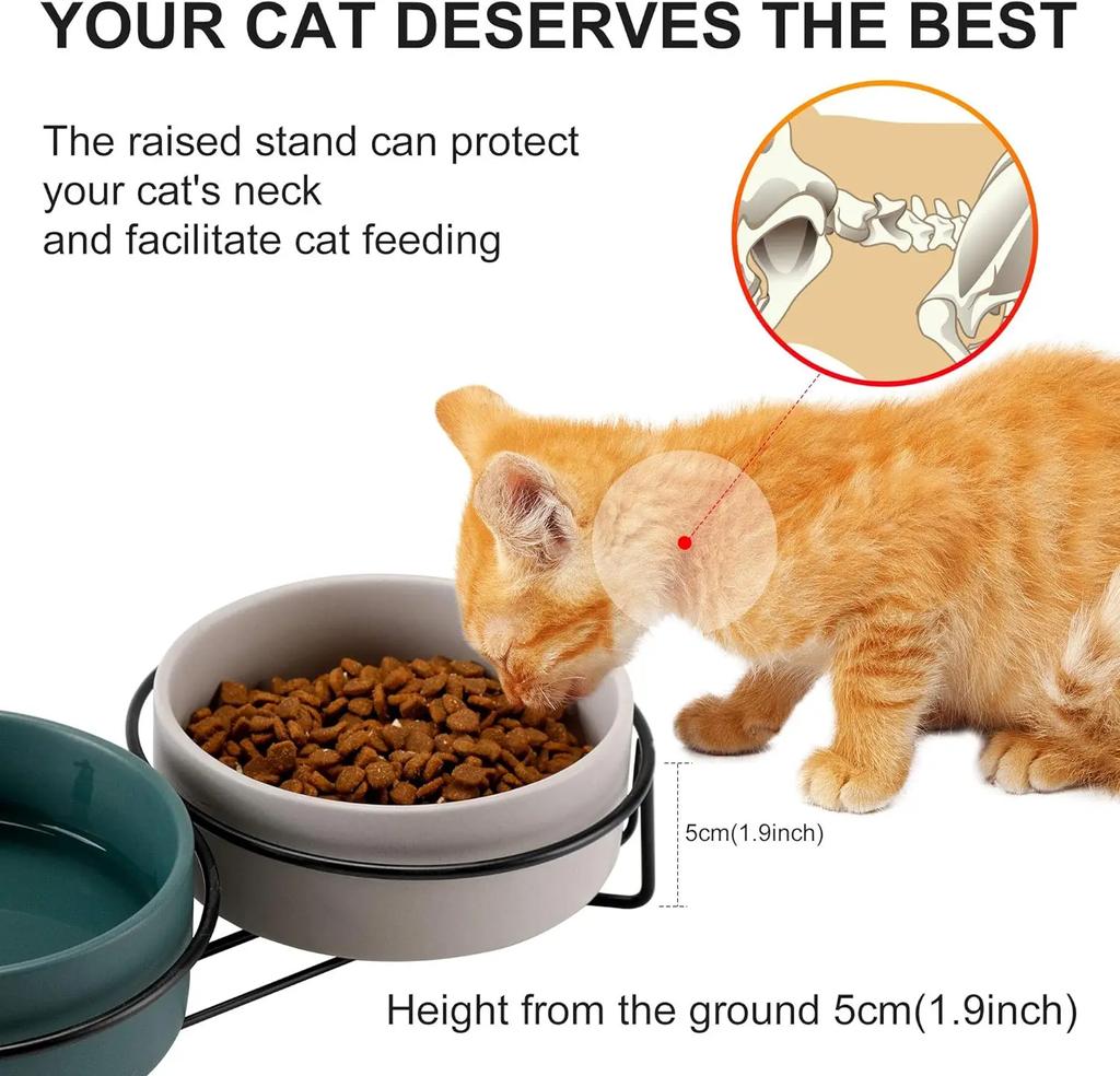 Gamelles surélevées pour chat en céramique Double gamelle pour nourriture et eau pour chat avec supports en acier pour chats chiens Anti vomissement Protection de la colonne vertébrale