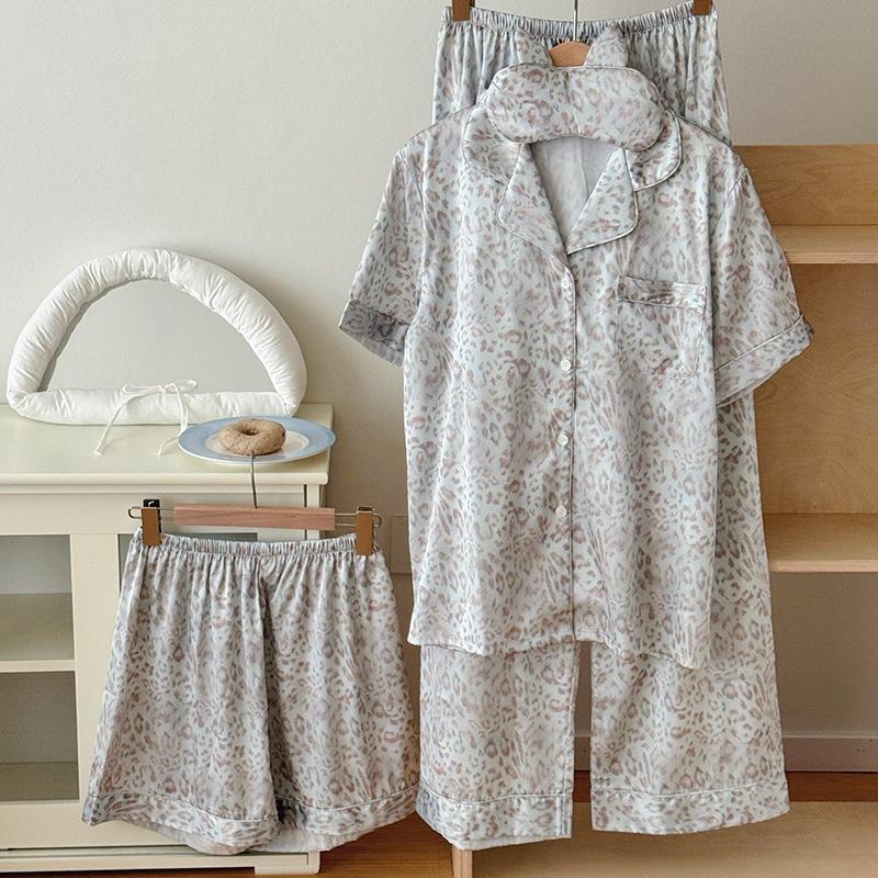 Original New Light Luxury Style Leopard Print Pajamas Women's Long-sleeved Trousers Ice Silk Satin High-end Satin Loungewear Set