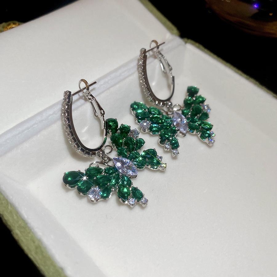 Emerald diamond leaf fringed earrings light luxury stud earrings women's European and American earrings