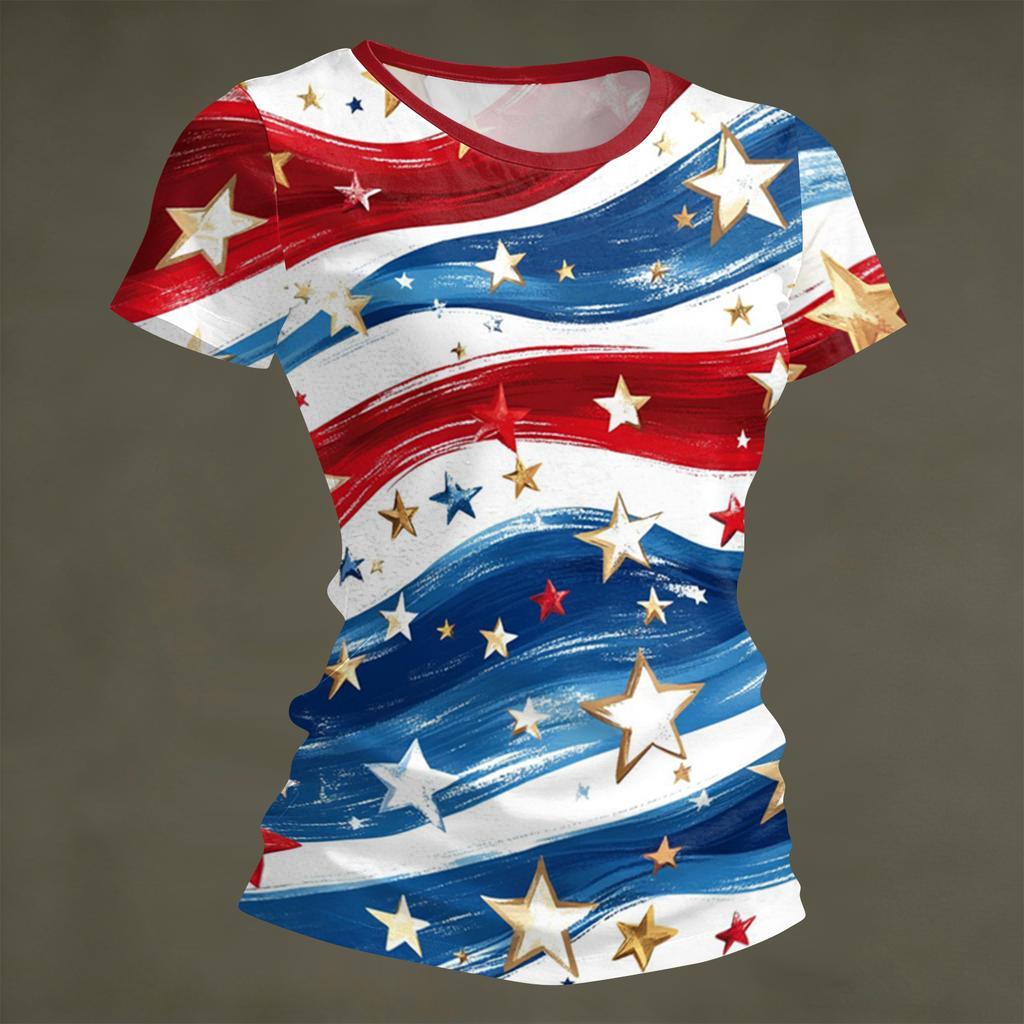Women's Fashion Round Neck Independence Day Print Short Sleeve Loose Crewneck T-Shirt Top