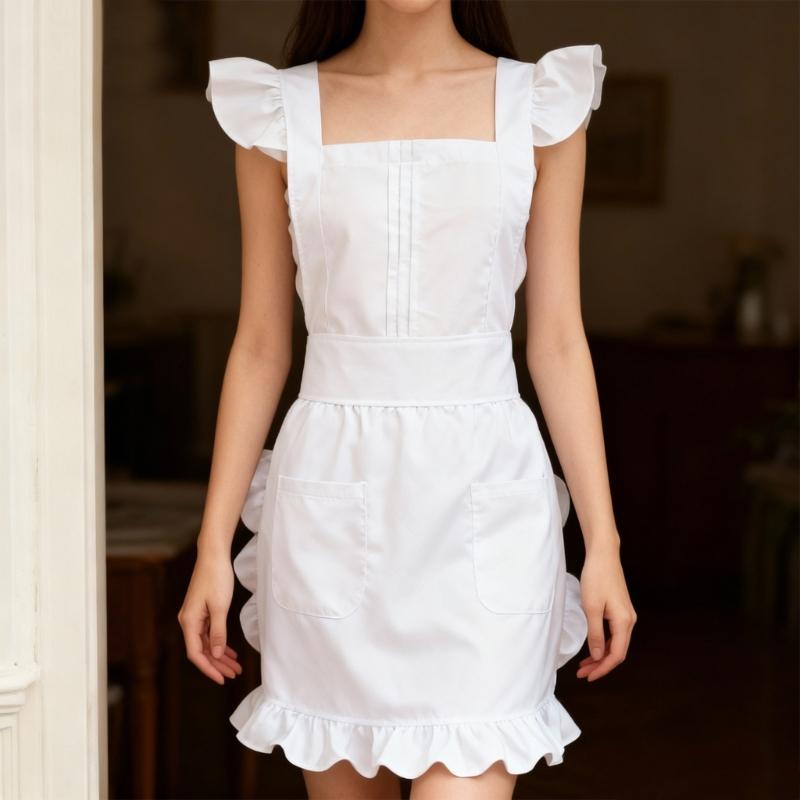 Maid Style Apron with Delicate Ruffle Edging Breathable Polyester Maid Costume Apron for Role Play and Daily Chores