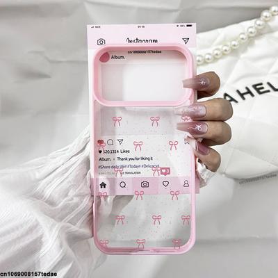 Koreanskie Urocze Różowe Etui na Telefon z Kokardką dla IPhone 17 16 15 14 13 12 11 Pro Max 17Air 7 8 Plus Słodka Kokardka Perła Twarda Pokrywa PC Coque