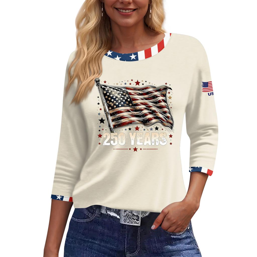 Women's Fashion Casual Seven-Sleeve Independence Day Print Round Neck Top