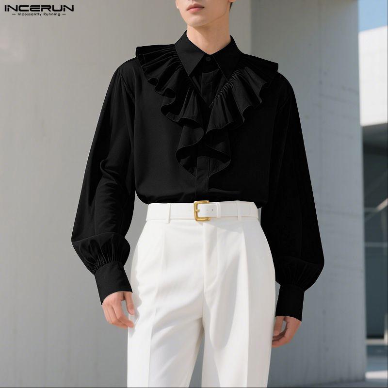 INCERUN Oversized Elegant Men Multi-layered Neck Long Sleeve Ruffled Casual Loose Shirts