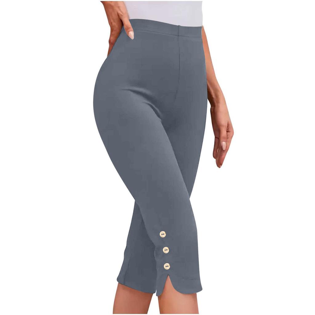 Damenmode Farbe Lässig Unterhose Knopf Sport Schlank Sieben-Viertel-Hose