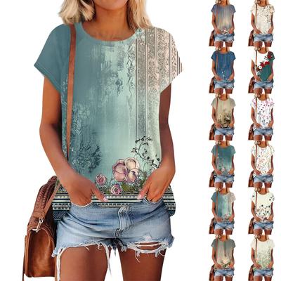 Women's Short Sleeve T Shirts Round Neck Cute Tunic Tops Basic Tees Blouses Loose Fit Pullover