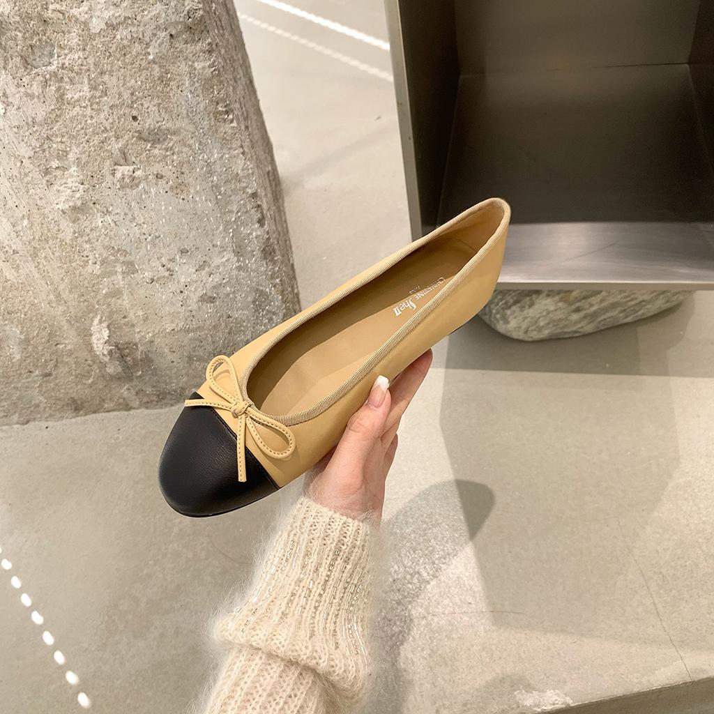 Flat bottomed single shoe women's shallow mouth round toe French bow color blocked ballet women's shoes