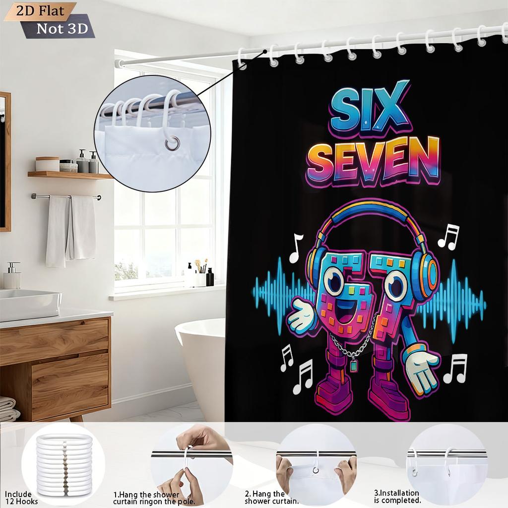 1Pc Funny 67 Music Element Printed Waterproof Shower Curtain Partition Privacy Hanging Curtain, With 12 Hooks