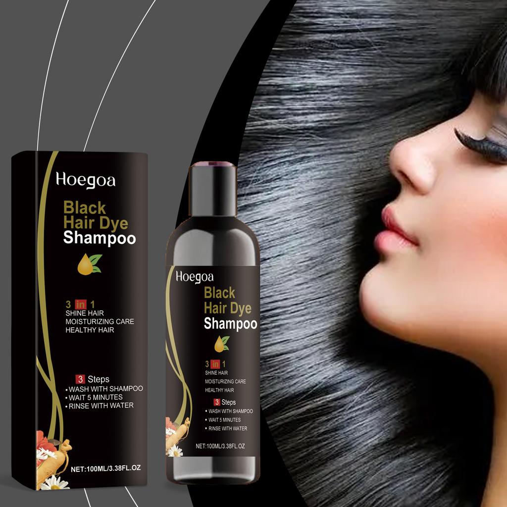 Hoegoa 100ml 3 in 1 Kräuter-Schwarzfärbe-Shampoo Sofortige Farbe Grau zu Naturschwarz Polygonum Multiflorum Haarfarben-Shampoo