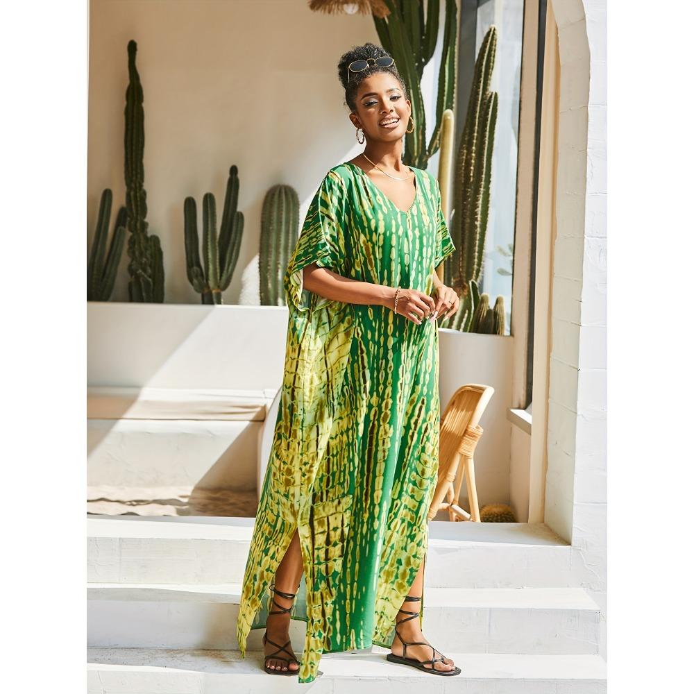 Plus Size Boho Cover Up, Women's Plus Tie Dye Striped V Neck Bat Sleeve Split Beach Cover Up Dress