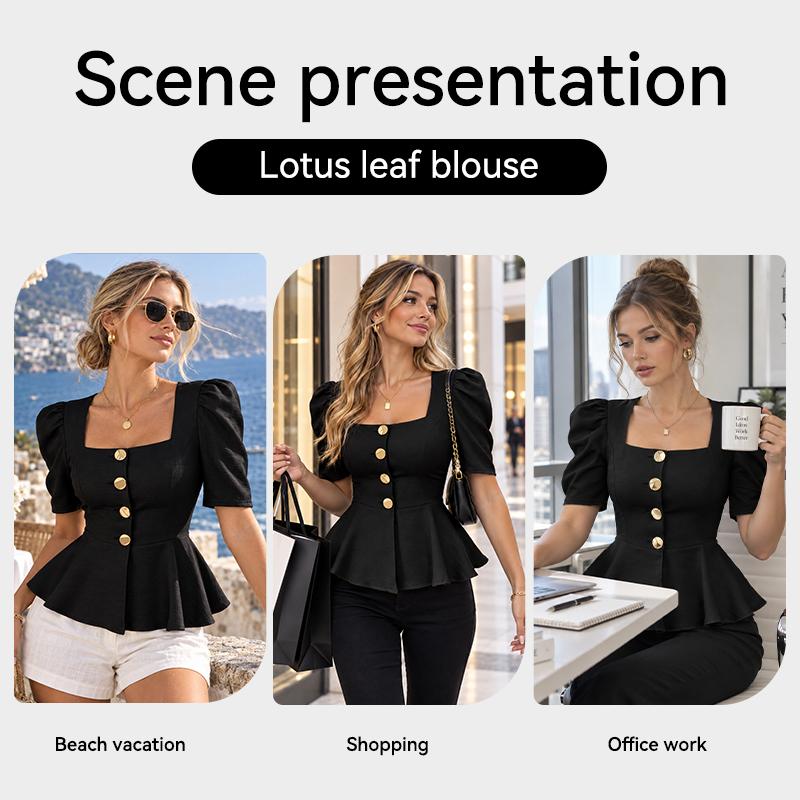 Women's Square Neck Short Sleeve Button Blouse Solid Color Fitted Casual Summer Top
