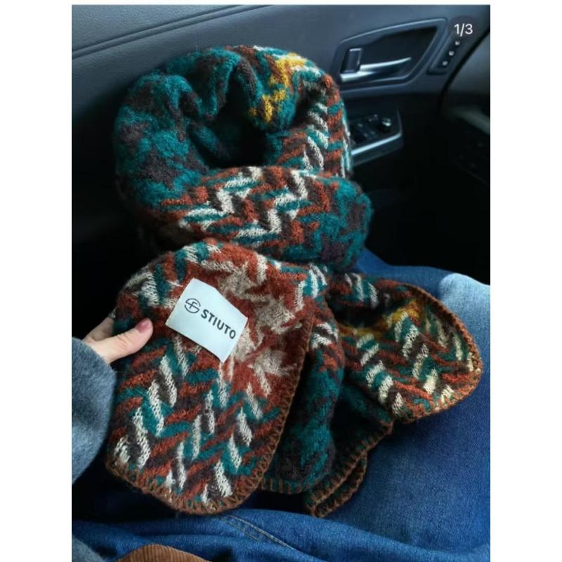 

New High end Lilac Plaid Knitted Scarf for Women in Winter Thick Korean Atmosphere Woolen Scarf