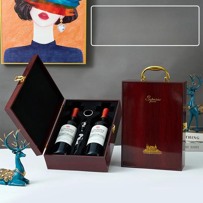 Single/Double Leather Box Wine Bottle Box Luxury Handle Wooden Organizer Gift Wood Wine Holder for 2 Red Wine Packaging