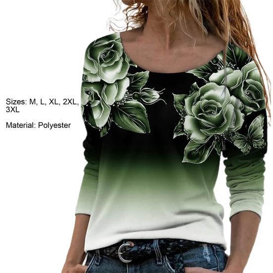 Women Blouse Plant Print Shrink Resistant Round Neck Vibrant Rose Spring Blouse for School