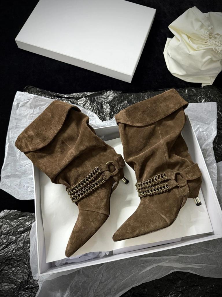 Korean Version of Niche Chain Cat Heel Thin Boots Women's Medium Tube Stacking Boots Temperament Thin High Heel Pointed Western Cowboy Short Boots