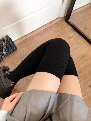Black White Long Leg Socks for Female Wool Socks Woman Autumn Winter Solid Color Thigh High Medias Lolita Thick Warm Stockings