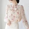 French Style Lightweight Bow Tie Trendy Chiffon Blouse Women's Autumn Puff Sleeve Top