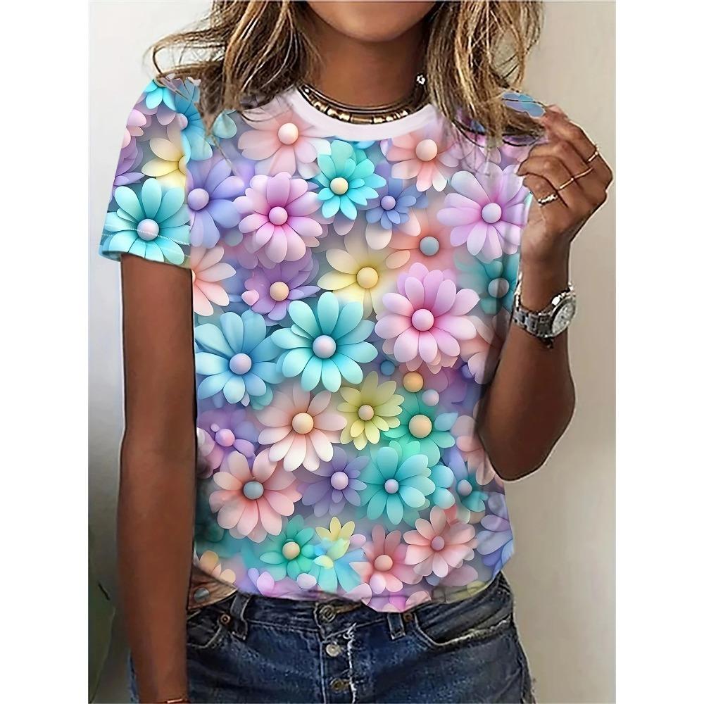 Elegant and Stylish Women's T-shirt with Colorful Roses and a Round Neckline, a Versatile and Refreshing Y2K-style Top for Summer