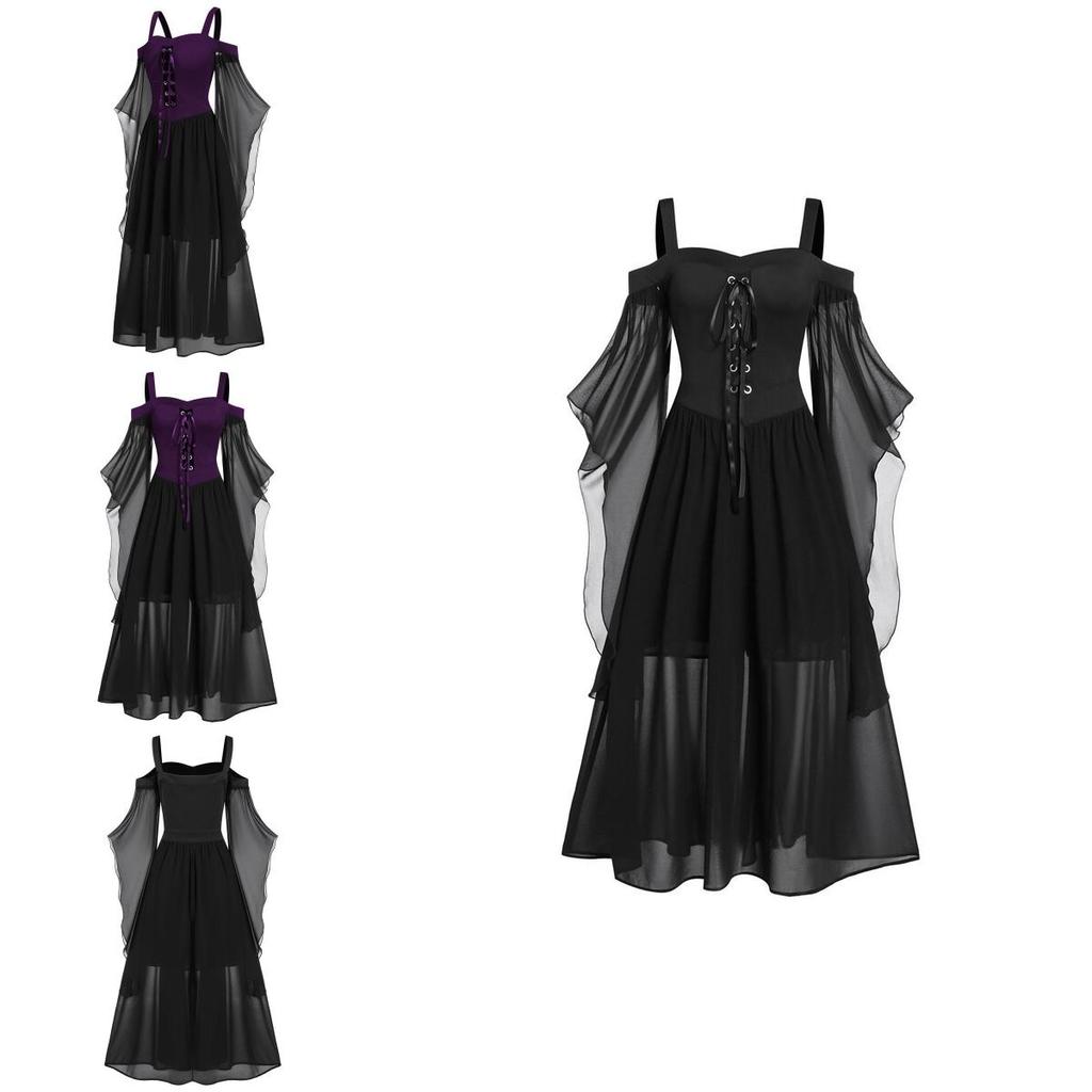 Halloween Witch Dress Gothic Medieval Cosplay Costume Off Shoulder High Quality Polyester Fabric