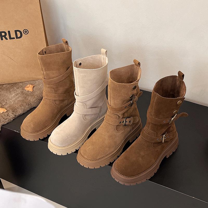 2025 autumn new retro wind matte leather rivet belt buckle two wear medium boots women's thick heel thick sole Martin boots