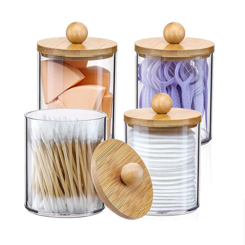 Acrylic Transparent Cotton Swab Storage Box with Bamboo Cover