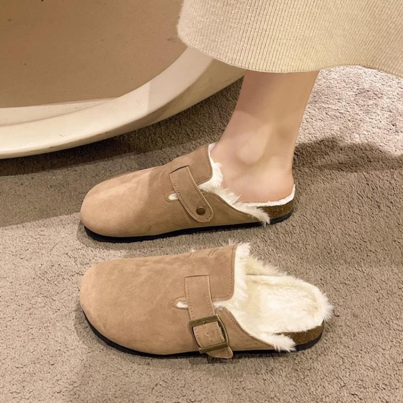 thick-soled plush shoes women's bag head half slippers wear new autumn and winter fashion retro thermal cotton slippers