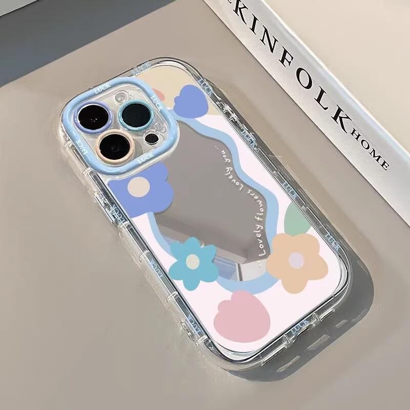 Korean Colors Cute Flower Mirror Phone Case For iPhone 11 13 12 14 15 16 17 Pro Max XS XR 7 8 Plus Lovely Hard Shockproof Cover