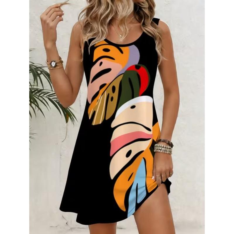Women's Artistic Flower Printed Sleeveless Round Neck Dress Loose Soft and Comfortable Plus Size Dress