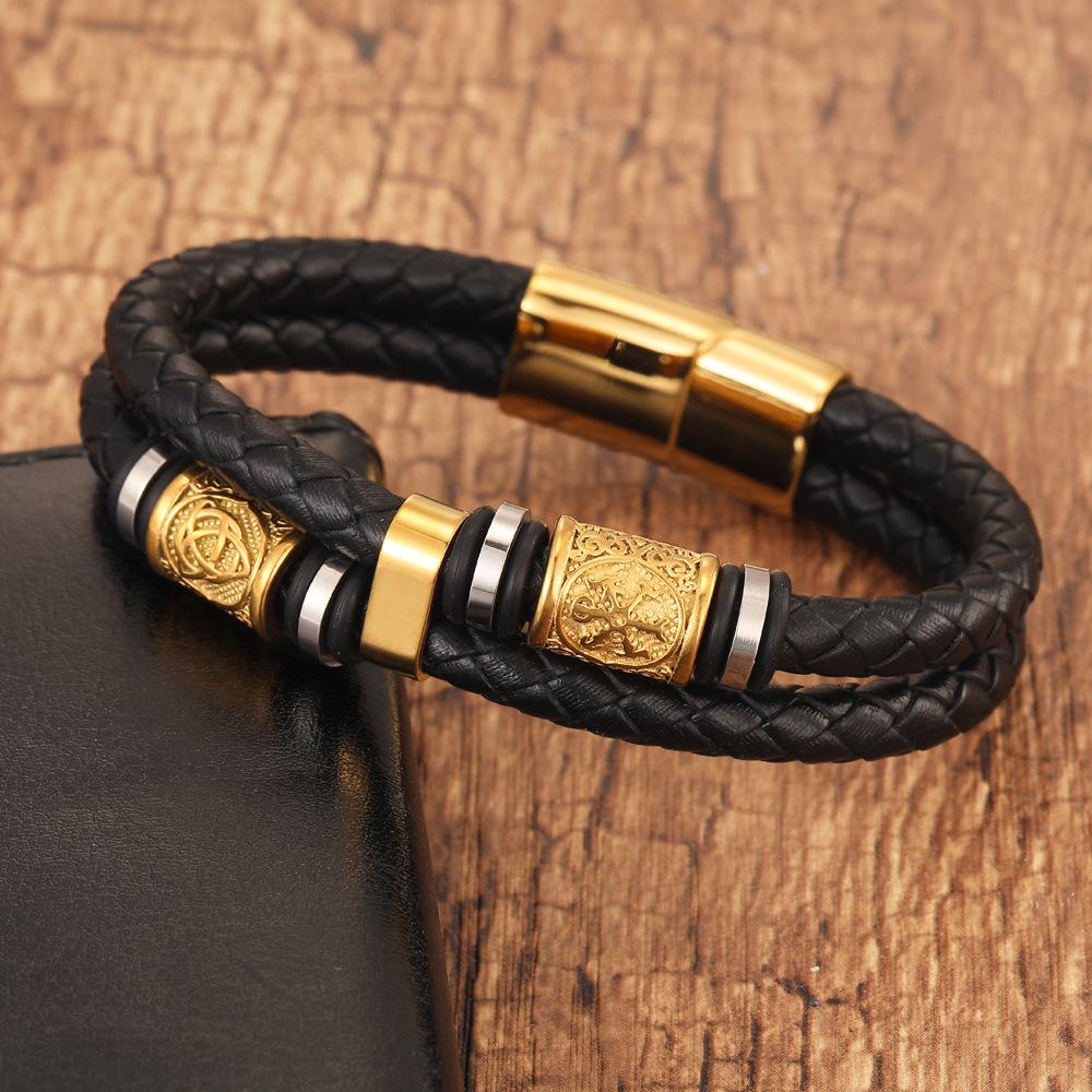 Pulseira Nórdica Viking de Couro Trançado com Duas Tiras em Ouro e Aço Inoxidável