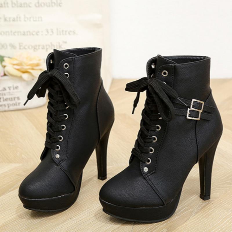 

European and American Style Cross Strap Ladies Short Boots Stiletto Waterproof Platform Fashionable Belt Buckle Women s Boots 35 чорний