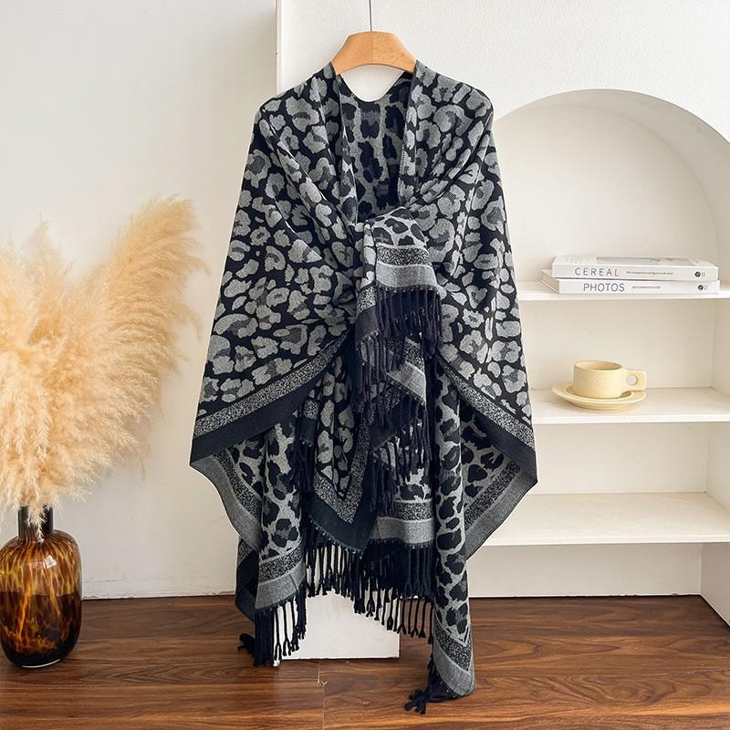 Womens Leopard Print Fringe Split Shawl Runway Fashion Cape Warm Winter