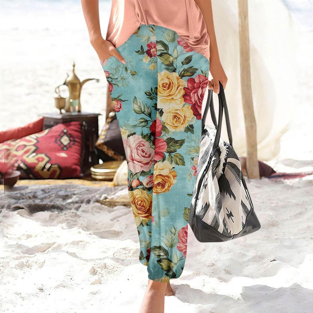 Hosen für Damen, lässig, Sommer, Strand, bedruckt, elastisch, lockere Hose