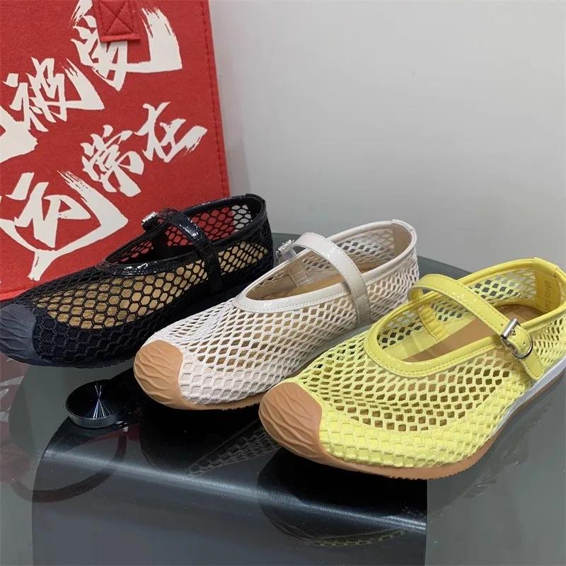 Fashion 2025 Summer Hollowed-out Mesh Ballet Single Shoe Women's Soft-soled One-shoulder Flat Heel Breathable Mary Jane Sandals