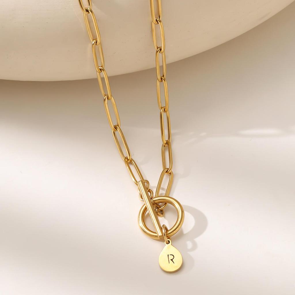 26-Letter Round Pendant Necklace for Women - Stainless Steel Paperclip Chain