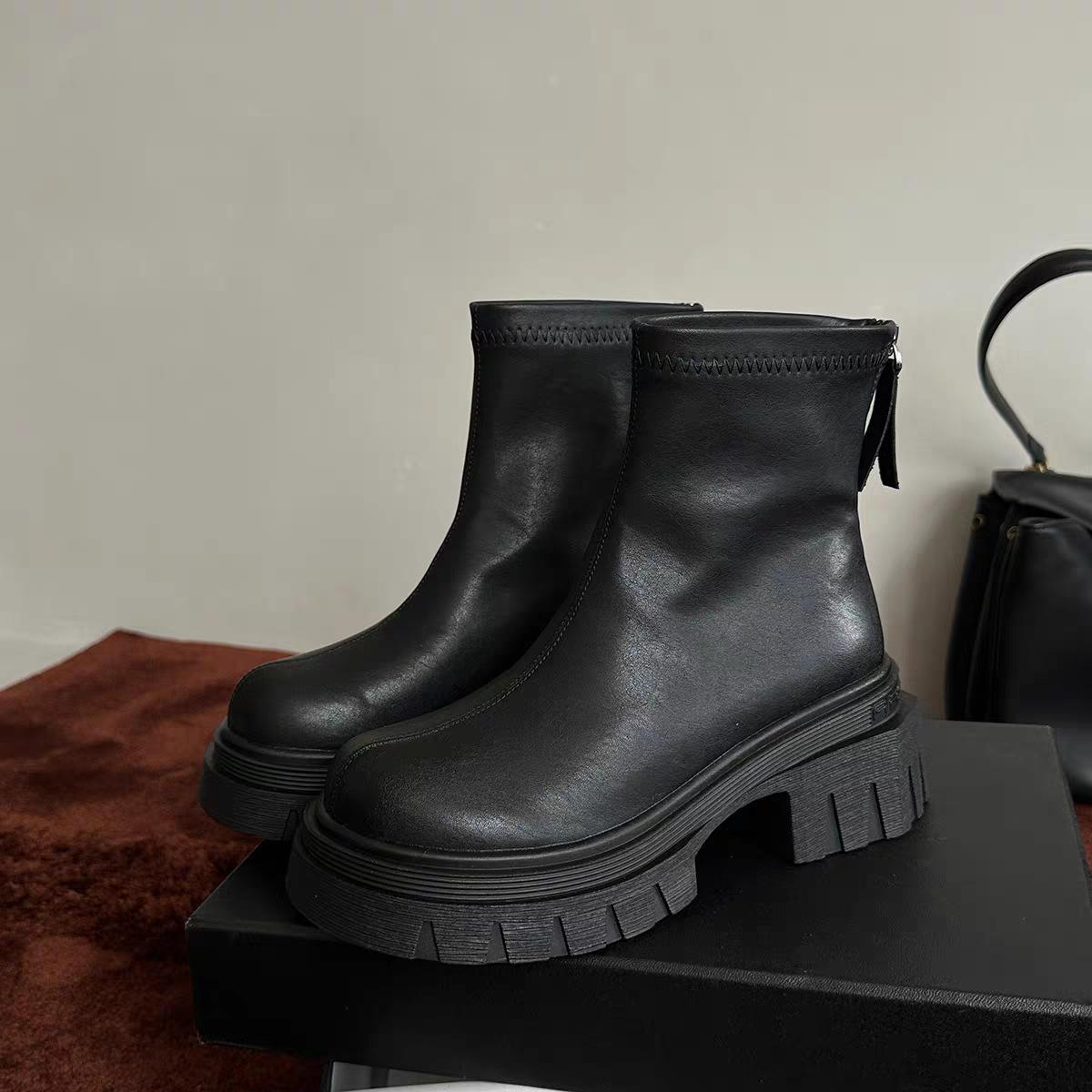 

толстые подошвы толстые каблуки тонкие женские зимние сапоги 2024 новые закругленные задние сапоги молния сзади короткие эластичные универсальные модные сапоги прилив 35 чёрный