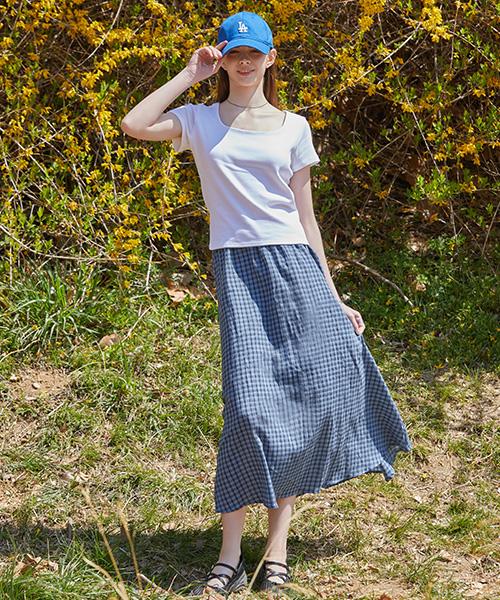 Collet Cooling Check Lightweight Air Pleated Flare Long Skirt [Blue] 349Ck