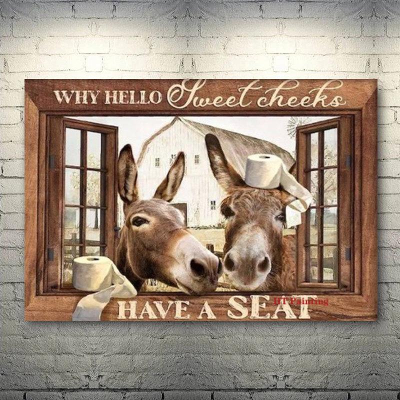"Have a seat" Cows By The Window Poster Vintage Animals Cow Donkey Canvas Painting Farmhouse Wall Art Pictures Farm Home Decor
