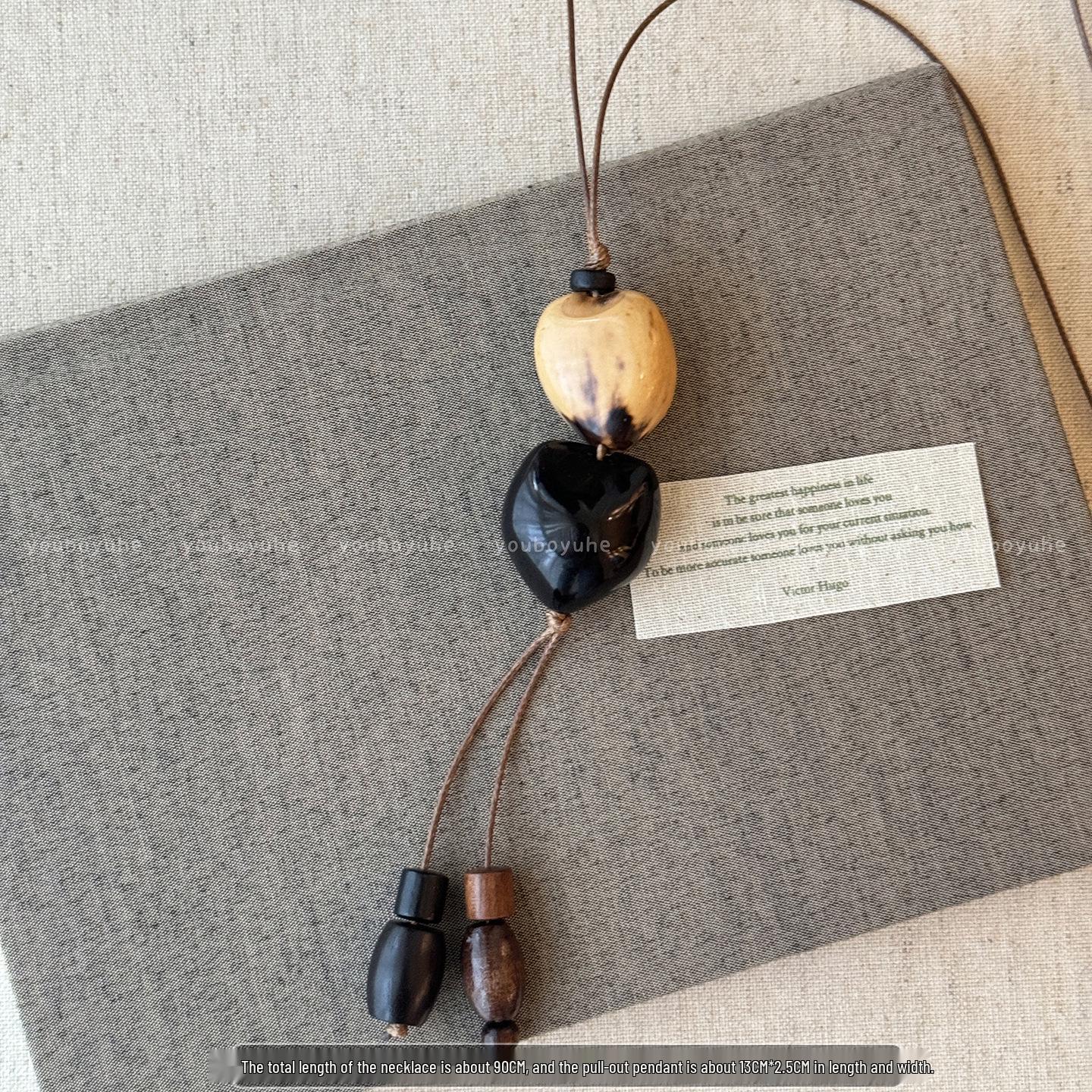 

New Chinese Style Heart Pendant Beaded Necklace - Elegant Retro Long Sweater Chain for Women