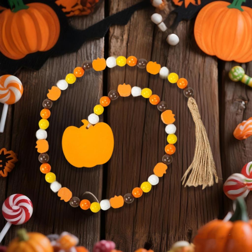 Rustic Wooden Bead Garland with Acorn Tassel and Pinecone Tag Autumn Tiered Tray Decor Hanging Ornaments for Fall Harvest Theme