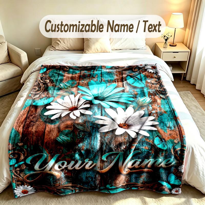 Floral Garden Theme Soft Blanket Personalized Custom Name Text Print Warm Blanket Home Sofa Bedroom Decor