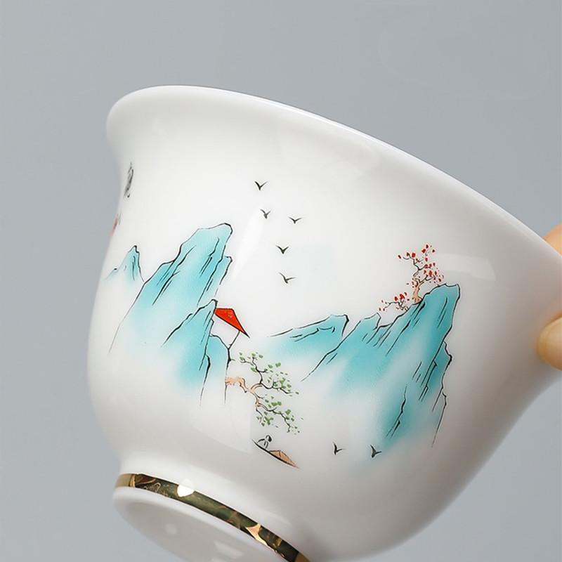 Chinese Suede Jade White Porcelain Tea Tureen Teacup Travel Portable Gaiwan Handmade Ceramic Tea Bowl Tea Set Accessories