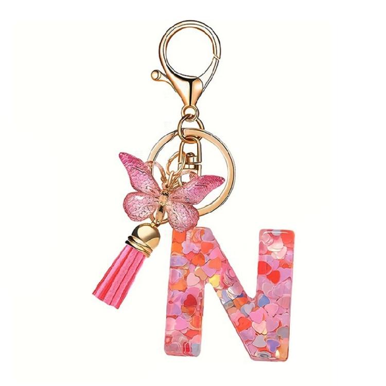 Fashionable Crystal Letter Keychain Sparkling Butterfly Tassels Charm Keyring Ornament for Women Girls Accessories