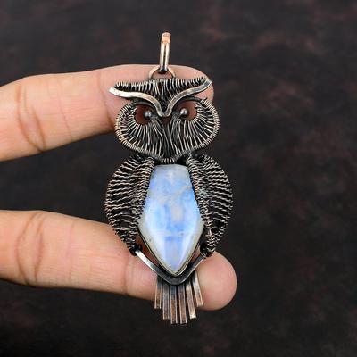Rainbow Moonstone Pendant Copper Wire Wrapped Owl Pendant Handmade Copper Jewelry Dainty Gemstone Pendant Gift For Mom Wire Wrapping Jewelry