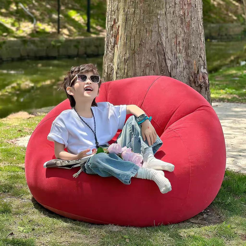 Foldable Flocked Inflatable Spherical Lounge Chair Set, Portable Air Sofa with Matching Inflatable Foot Stool for Indoor Home & Outdoor Camping Use
