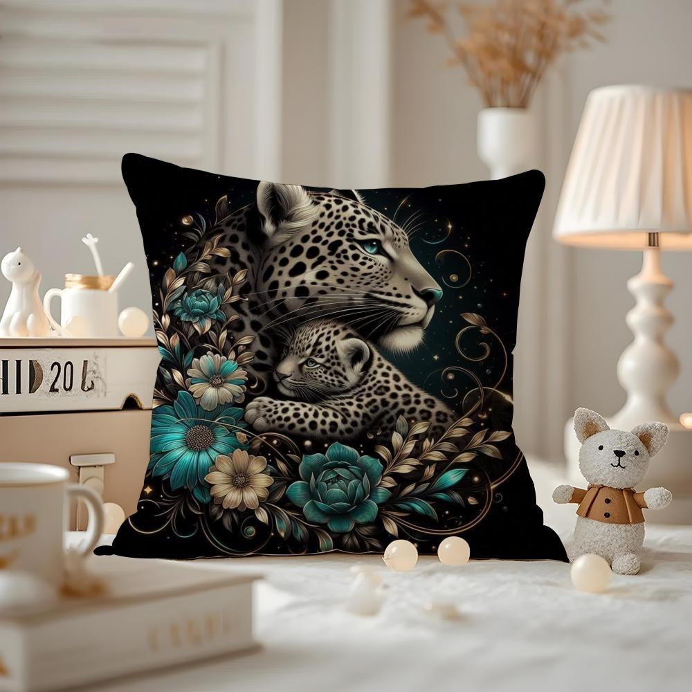 Uropäische Mode Leopard mit Kranz Tiere Porträt Malerei Kissenbezug Hausstaubmilbenabweisender Kissenbezug Verdeckter Reißverschluss Seidiger Shor