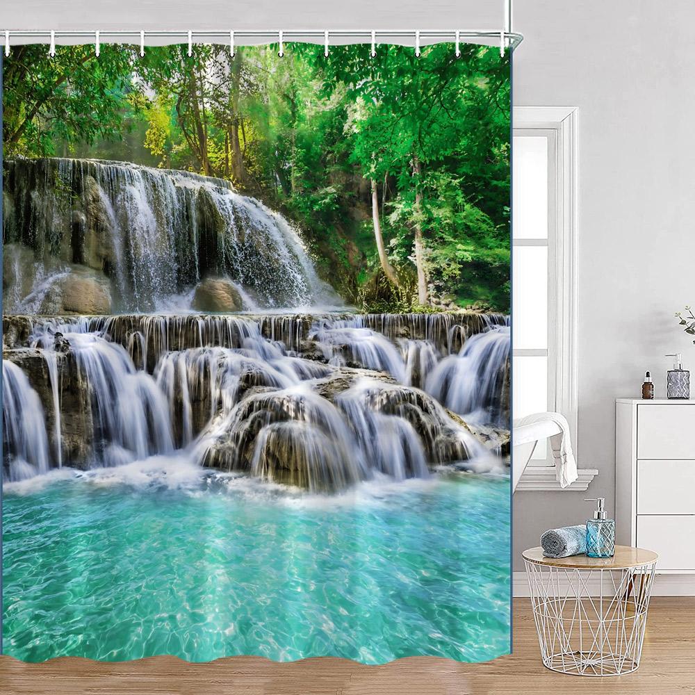 Waterfall Shower Curtains Natural Landscape Green Plants Forest Nature Greenery Home Decor for Bathroom Polyester Bath Curtain