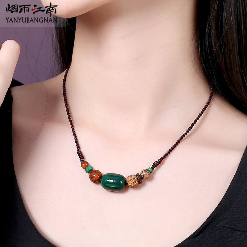 GEMCHIC Women s Vintage Ethnic Style Bodhi Seed and Agate Beaded Necklace Short Clavicle Chain Zen Jewelry